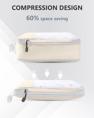 Anjing Compression Packing Cubes 8 set, mesh uitbreidbare bagageverpakkingsorganisatoren voor reizen, reisaccessoires met schoenentas/waszak/ondergoedtas/make-uptas, beige - Image 3