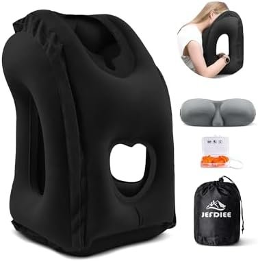 JEFDIEE Opblaasbaar Reiskussen, Vliegtuignekkussen Ondersteunt Comfortabel Hoofd en Kin voor Vliegtuigen, Auto's en Kantoordutjes met 3D-oogmasker, Oordopjes en Draagbare Tas met Koord (Zwart)