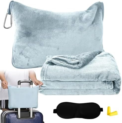 Bocguy Reisdeken voor vliegtuig, ultralicht, warm, kussendeken 2-in-1, reisdeken met slaapmasker en oordopjes, draagbare reisdeken voor kamperen, zakenreizen (lichtblauw)