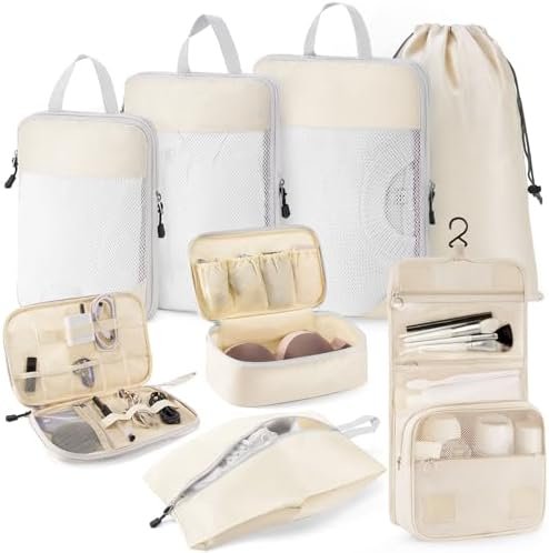 Anjing Compression Packing Cubes 8 set, mesh uitbreidbare bagageverpakkingsorganisatoren voor reizen, reisaccessoires met schoenentas/waszak/ondergoedtas/make-uptas, beige