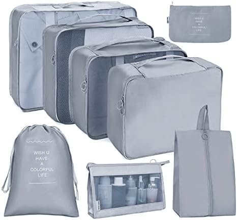 OSDUE Inpakkubussen, 8 stuks reisorganizer, inpaktassen, reisbagage, inpakorganizers, waterdichte reisbenodigdheden, tas voor kleding, schoenen, cosmetica, toiletartikelen, opbergzakken (grijs)