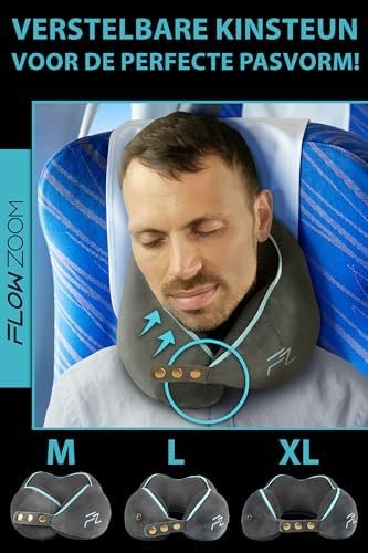 FLOWZOOM COMFY Traagschuim Hoofdkussen - Reis nekkussen met 5 verstelbare maatknoppen - Wasbare, verzachtende en ademende hoes - Delicaat en ondersteunend traagschuim - Reiskussen in Grijs - Image 3
