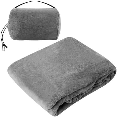 BYZESTY Reisdeken, vliegtuigdeken, 2-in-1 reiskussen, reisdeken, veranderingskussen, knuffeldeken, zachte en warme reisdeken voor vliegtuig, auto, kantoor, reizen, 127 x 152 cm, grijs