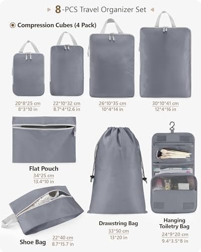 Compression Packing Cubes 8 Sets Suitcases Luggage Organizers with makeup storage bag Waterproof Shoe Storage Bag Travel Essentials Grey - Image 2