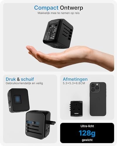 VOOMY Universele Wereldstekker, Reisstekker Wereld voor 170+ landen, Reisadapter Wereldwijd voor USA Europa Australië UK, Internationale Reisadapter met 3 USB-A en 1 USB-C poort - Image 3