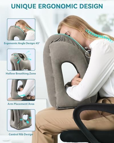 JEFDIEE Opblaasbaar Reiskussen, Vliegtuignekkussen Ondersteunt Comfortabel Hoofd en Kin voor Vliegtuigen, Auto's en Kantoordutjes met 3D-oogmasker, Oordopjes en Draagbare Tas met Koord (Grijs) - Image 2