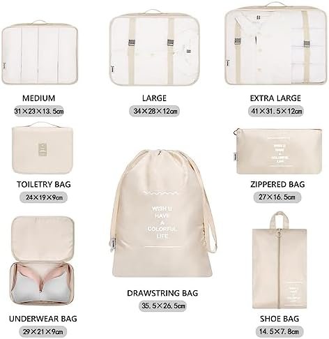Packing Cubes, 8-delige set, kledingtassen, koffer-organizer voor vakantie en reizen, set pakkubussen, opbergsysteem voor koffer, beige - Image 3
