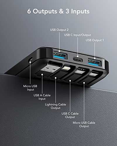 Charmast Externe batterij 10.000 mAh met 4 geïntegreerde kabels, draagbare batterij, USB C, dun, powerbank met 6 uitgangen en 3 ingangen voor iPhone 12 13 11 Samsung S21 S22 - Image 6