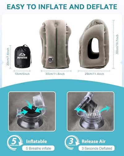 JEFDIEE Opblaasbaar Reiskussen, Vliegtuignekkussen Ondersteunt Comfortabel Hoofd en Kin voor Vliegtuigen, Auto's en Kantoordutjes met 3D-oogmasker, Oordopjes en Draagbare Tas met Koord (Grijs) - Image 6