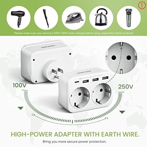 LENCENT NL/EU naar VS Reisadapter, Type B Travel Adapter Reisstekker met 3 USB-A en 1 USB-C, EU Schuko 2-pins naar 3-pins USA voor Amerikaans Mexico Japan Colombia Thailand Dominicaans Travel Socket - Image 5