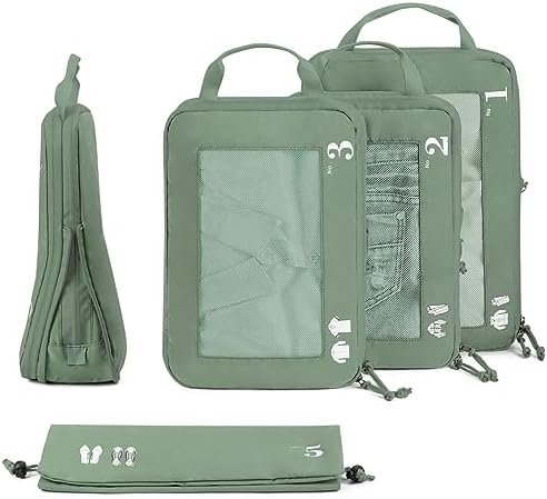 ECOHUB 5 Set Compressie Verpakking Kubussen voor Koffers Organizer Tassen Reisaccessoires met Schoenen Tas Scheurbestendige Reiskubussen met ID-tag Uitbreidbare Verpakkingstassen (Groen) - Image 9