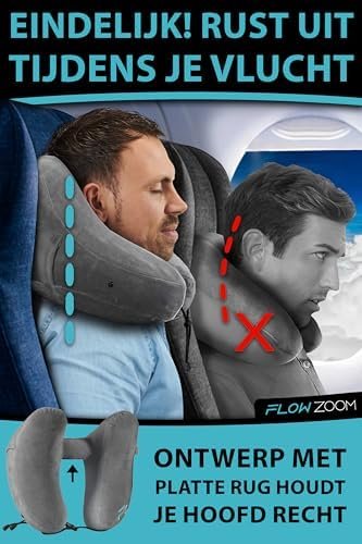 FLOWZOOM AIR Opblaasbaar nekkussen - reiskussen met capuchon en oordopjes voor volwassenen - Snel opblaasbaar Travel pillow voor vliegtuig - Verstelbaar nekkussen met 5 slaapstanden - Grijs, Maat L - Image 2