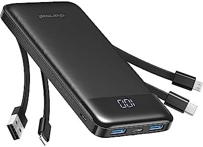 Charmast Externe batterij 10.000 mAh met 4 geïntegreerde kabels, draagbare batterij, USB C, dun, powerbank met 6 uitgangen en 3 ingangen voor iPhone 12 13 11 Samsung S21 S22
