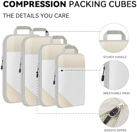 MURISE Compression Packing Cubes, 5 Set Koffer Organizer für Travel Essentials, Compression packing cubes, travel accessories, compressie zakken bagage, Beige… - Image 4