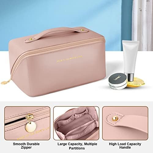 Aucuu Make-uptas voor op reis, PU-leer, draagbare make-uptas met grote inhoud, waterdicht, draagbaar, toilettas-organizer voor toiletartikelen, 31*21*3.6 CM - Image 3