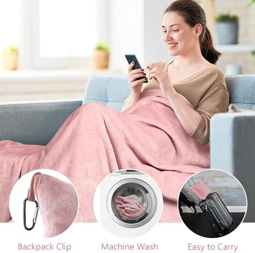 Reisdeken vliegtuig, 2-in-1, reisdeken, ultralicht, warm, reis-gadgets met slaapmasker en oordopjes, draagbaar transformeringskussen voor vakantie, kantoor, thuis, zakenreizen, lichtroze - Image 3