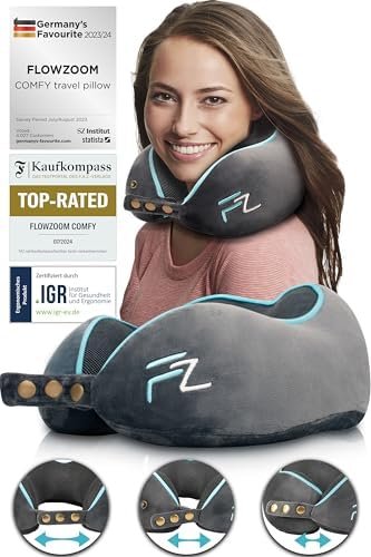 FLOWZOOM COMFY Traagschuim Hoofdkussen - Reis nekkussen met 5 verstelbare maatknoppen - Wasbare, verzachtende en ademende hoes - Delicaat en ondersteunend traagschuim - Reiskussen in Grijs