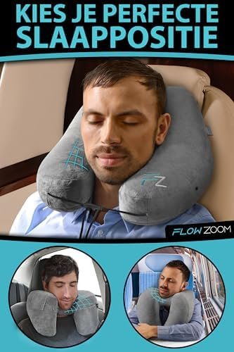 FLOWZOOM AIR Opblaasbaar nekkussen - reiskussen met capuchon en oordopjes voor volwassenen - Snel opblaasbaar Travel pillow voor vliegtuig - Verstelbaar nekkussen met 5 slaapstanden - Grijs, Maat L - Image 3