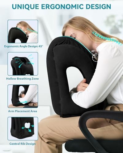 JEFDIEE Opblaasbaar Reiskussen, Vliegtuignekkussen Ondersteunt Comfortabel Hoofd en Kin voor Vliegtuigen, Auto's en Kantoordutjes met 3D-oogmasker, Oordopjes en Draagbare Tas met Koord (Zwart) - Image 2