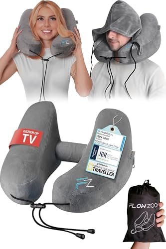 FLOWZOOM AIR Opblaasbaar nekkussen - reiskussen met capuchon en oordopjes voor volwassenen - Snel opblaasbaar Travel pillow voor vliegtuig - Verstelbaar nekkussen met 5 slaapstanden - Grijs, Maat L