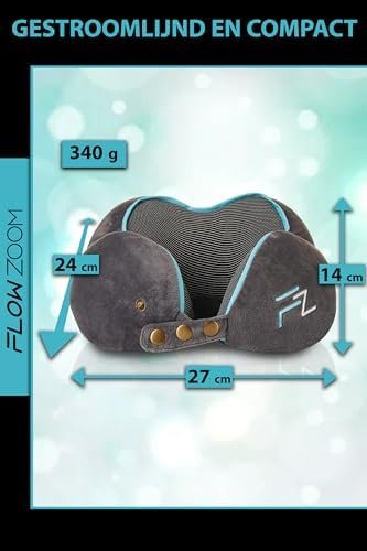 FLOWZOOM COMFY Traagschuim Hoofdkussen - Reis nekkussen met 5 verstelbare maatknoppen - Wasbare, verzachtende en ademende hoes - Delicaat en ondersteunend traagschuim - Reiskussen in Grijs - Image 7