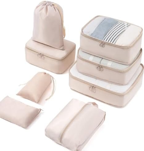 Meowoo Packing Cubes 8-delige Set, koffer-Organizer Voor Vakantie en Reizen Pakkubussen Opbergsysteem Voor Koffer Voor Reizen, Zakenreizen, Kamperen, Zomerkampen, Beige