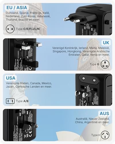 VOOMY Universele Wereldstekker, Reisstekker Wereld voor 170+ landen, Reisadapter Wereldwijd voor USA Europa Australië UK, Internationale Reisadapter met 3 USB-A en 1 USB-C poort - Image 4