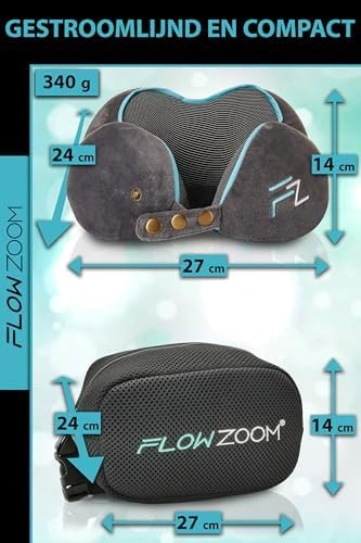 FLOWZOOM COMFY Traagschuim Hoofdkussen - Reis nekkussen met 5 verstelbare maatknoppen - Wasbare, verzachtende en ademende hoes - Delicaat en ondersteunend traagschuim - Reiskussen in Grijs - Image 6
