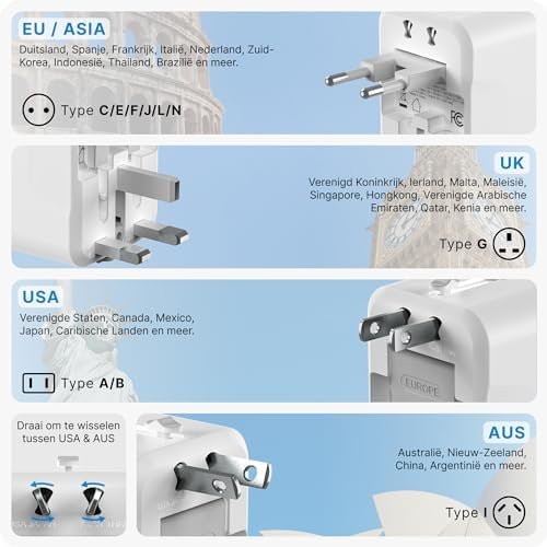 VOOMY Universele Wereldstekker, Reisadapter Voor 150+ Landen, Reisstekker Universeel Voor Afrika Engeland Australia India Amerika, Wereld Adapter Met Snel Lader USB A QC 3.0 en USB C 20W Poorten - Image 4