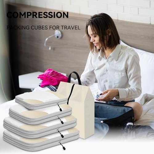 MURISE Compression Packing Cubes, 5 Set Koffer Organizer für Travel Essentials, Compression packing cubes, travel accessories, compressie zakken bagage, Beige… - Image 6