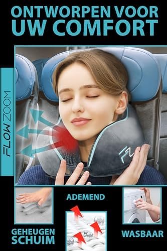 FLOWZOOM COMFY Traagschuim Hoofdkussen - Reis nekkussen met 5 verstelbare maatknoppen - Wasbare, verzachtende en ademende hoes - Delicaat en ondersteunend traagschuim - Reiskussen in Grijs - Image 4