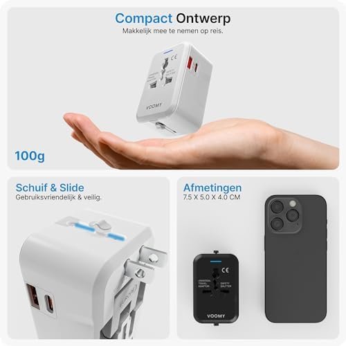 VOOMY Universele Wereldstekker, Reisadapter Voor 150+ Landen, Reisstekker Universeel Voor Afrika Engeland Australia India Amerika, Wereld Adapter Met Snel Lader USB A QC 3.0 en USB C 20W Poorten - Image 3