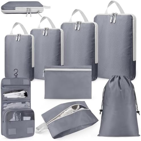 Compression Packing Cubes 8 Sets Suitcases Luggage Organizers with makeup storage bag Waterproof Shoe Storage Bag Travel Essentials Grey