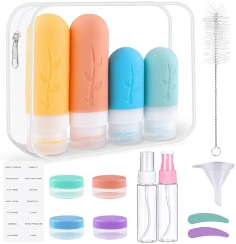 Revivoer Siliconen reisflessen, 16 stuks reisset met siliconen reisflessen, lekvrije reisflessen en shampoo-containers, BPA-vrij, praktische reisflessenset (roze)