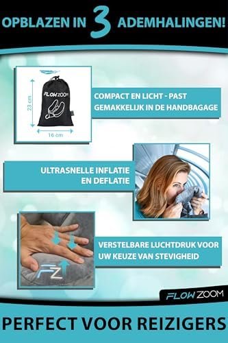 FLOWZOOM AIR Opblaasbaar nekkussen - reiskussen met capuchon en oordopjes voor volwassenen - Snel opblaasbaar Travel pillow voor vliegtuig - Verstelbaar nekkussen met 5 slaapstanden - Grijs, Maat L - Image 4