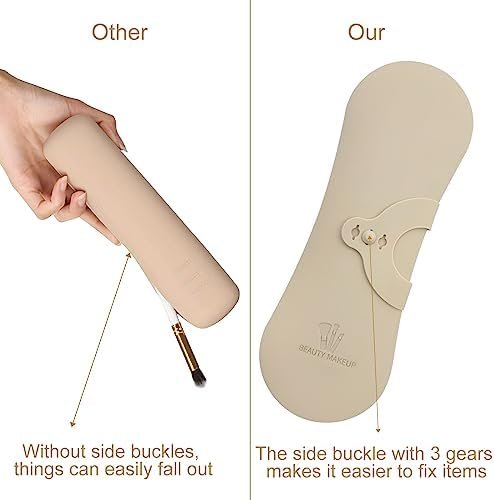 XIXKOLYU® Draagbare opbergtas voor make-upkwasten van siliconen, met zijdelingse gesp, waterdichte organizer voor reizen, opbergdoos voor make-up (kaki) - Image 5