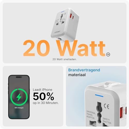 VOOMY Universele Wereldstekker, Reisadapter Voor 150+ Landen, Reisstekker Universeel Voor Afrika Engeland Australia India Amerika, Wereld Adapter Met Snel Lader USB A QC 3.0 en USB C 20W Poorten - Image 6
