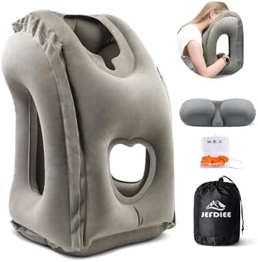 JEFDIEE Opblaasbaar Reiskussen, Vliegtuignekkussen Ondersteunt Comfortabel Hoofd en Kin voor Vliegtuigen, Auto's en Kantoordutjes met 3D-oogmasker, Oordopjes en Draagbare Tas met Koord (Grijs)