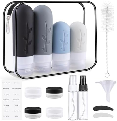 Revivoer Siliconen reisflessen, 16 stuks reisset met siliconen reisflessen, lekvrije reisflessen en shampoo-containers, BPA-vrij, praktische reisflessenset (grijs)