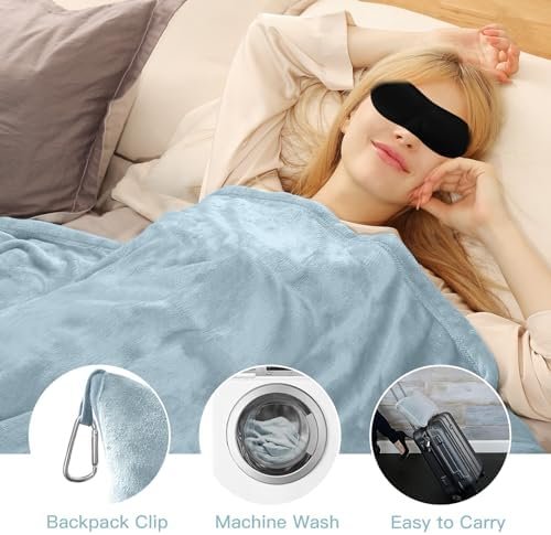 Bocguy Reisdeken voor vliegtuig, ultralicht, warm, kussendeken 2-in-1, reisdeken met slaapmasker en oordopjes, draagbare reisdeken voor kamperen, zakenreizen (lichtblauw) - Image 3