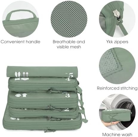 ECOHUB 5 Set Compressie Verpakking Kubussen voor Koffers Organizer Tassen Reisaccessoires met Schoenen Tas Scheurbestendige Reiskubussen met ID-tag Uitbreidbare Verpakkingstassen (Groen) - Image 6