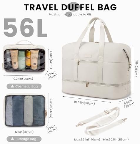 LOVEVOOK Weekender Reistas voor dames, sporttas, handbagage, tas, grote ziekentas, geboorte, reistas, duffle bag met toilettas, schoenenvak voor vliegtuig, reizen, beige - Image 4