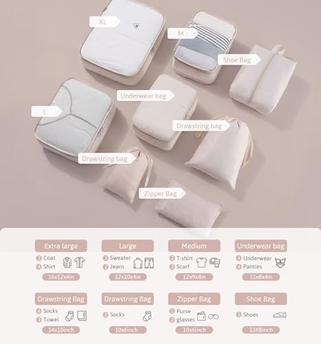 Meowoo Packing Cubes 8-delige Set, koffer-Organizer Voor Vakantie en Reizen Pakkubussen Opbergsysteem Voor Koffer Voor Reizen, Zakenreizen, Kamperen, Zomerkampen, Beige - Image 6