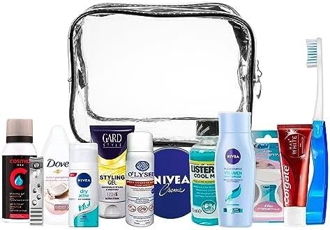 Travel Essentials-set, reisset geschikt voor handbagage, vakantie en zakenreizen, bestaande uit alle benodigde merkproducten voor persoonlijke verzorging, in een PVC make-uptas (Men)
