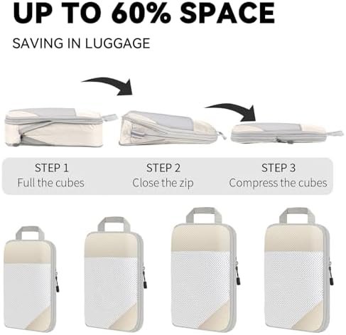 MURISE Compression Packing Cubes, 5 Set Koffer Organizer für Travel Essentials, Compression packing cubes, travel accessories, compressie zakken bagage, Beige… - Image 3