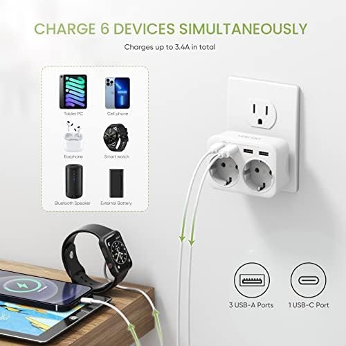 LENCENT NL/EU naar VS Reisadapter, Type B Travel Adapter Reisstekker met 3 USB-A en 1 USB-C, EU Schuko 2-pins naar 3-pins USA voor Amerikaans Mexico Japan Colombia Thailand Dominicaans Travel Socket - Image 4
