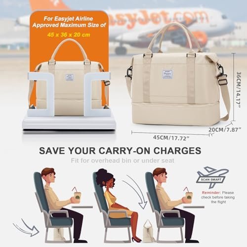Easyjet handbagage 45x36x20 reistas voor onder de stoel cabine tas Reizen Handtassen 40x20x25 voor Ryanair, weekendtas overnachten Reistas Holdall voor dames heren, Sporttas Fitnesstas,Beige - Image 4