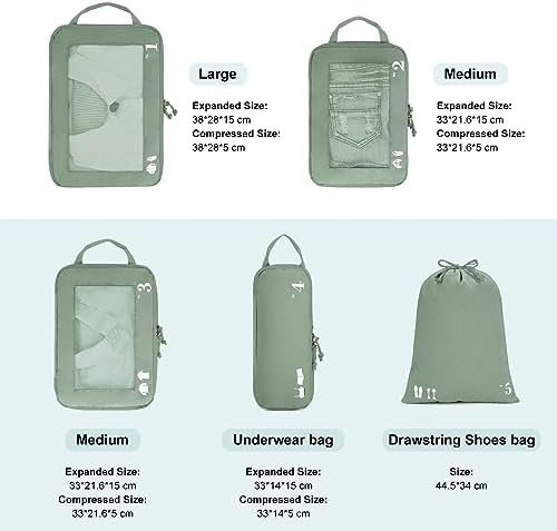 ECOHUB 5 Set Compressie Verpakking Kubussen voor Koffers Organizer Tassen Reisaccessoires met Schoenen Tas Scheurbestendige Reiskubussen met ID-tag Uitbreidbare Verpakkingstassen (Groen) - Image 2
