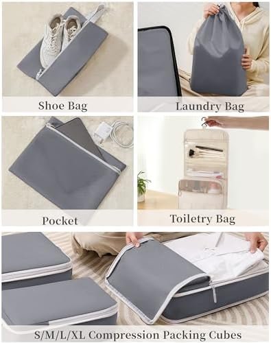 Compression Packing Cubes 8 Sets Suitcases Luggage Organizers with makeup storage bag Waterproof Shoe Storage Bag Travel Essentials Grey - Image 7