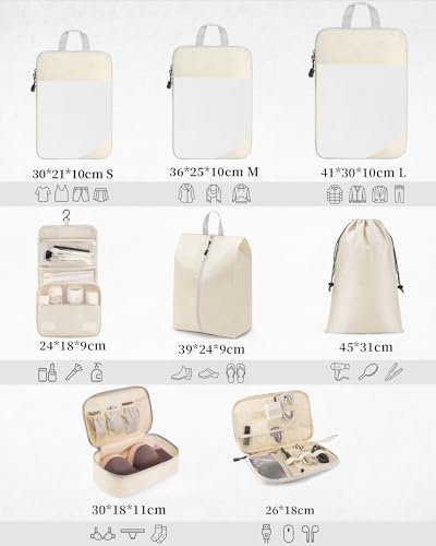 Anjing Compression Packing Cubes 8 set, mesh uitbreidbare bagageverpakkingsorganisatoren voor reizen, reisaccessoires met schoenentas/waszak/ondergoedtas/make-uptas, beige - Image 2